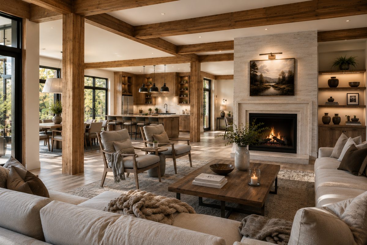Legacy home concept with warm timber interior and family gathering spaces