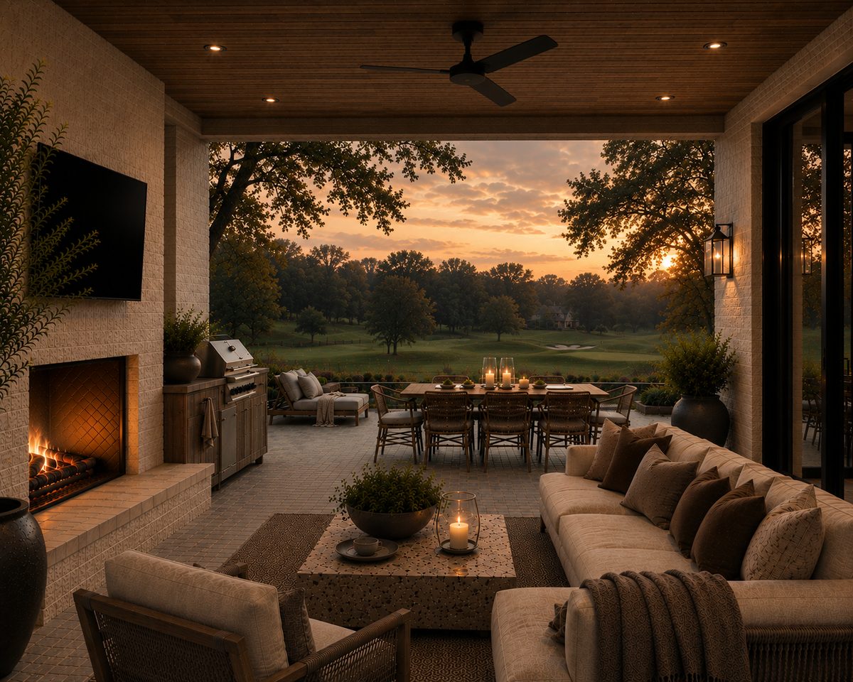 Outdoor smart living retreat space with sunset acreage views