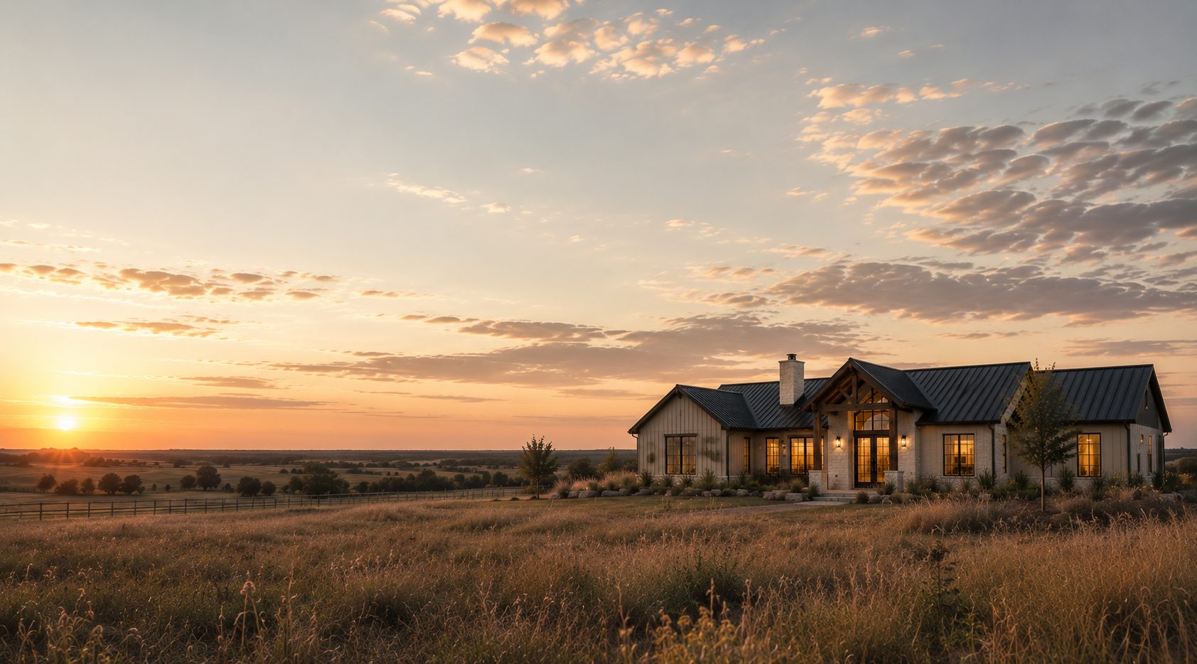 Modern acreage home at golden hour with open Oklahoma-style landscape